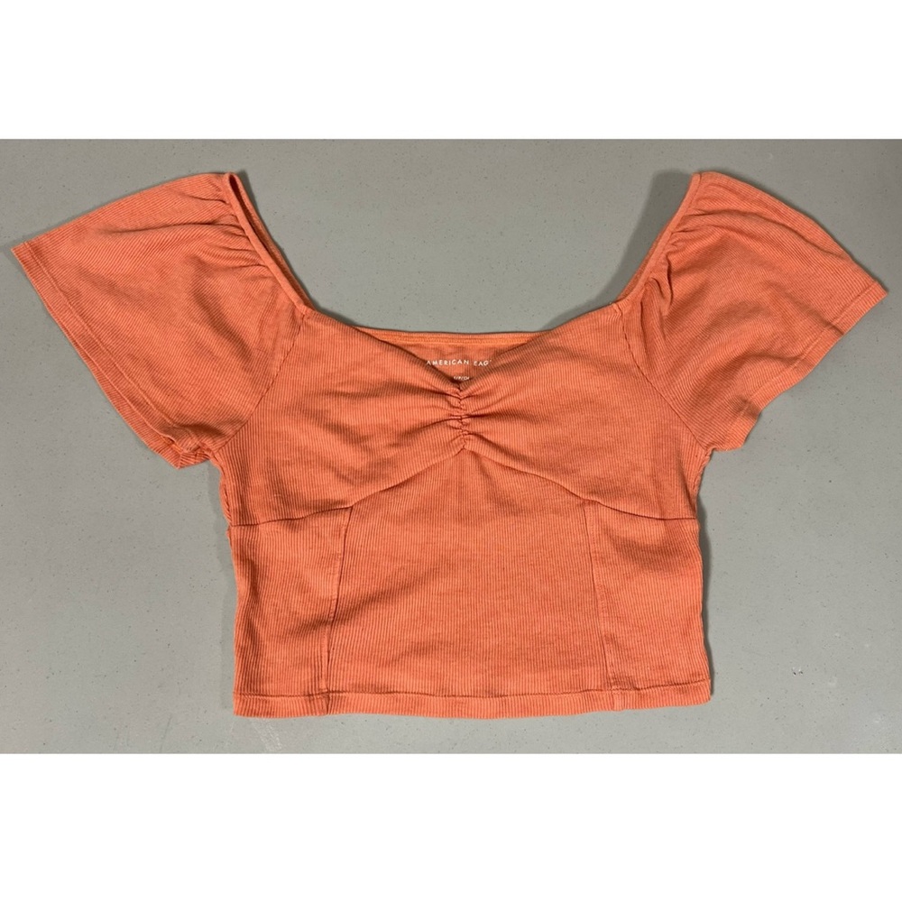 American Eagle Orange Solid Flounce Sleeve Crop T… - image 2